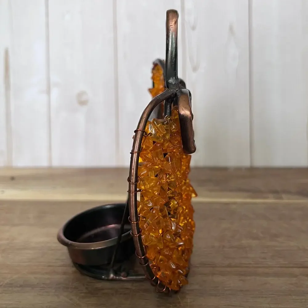 Stained Glass & Copper Beaded Wire Pumpkin Votive Holder Autumn Halloween Decor